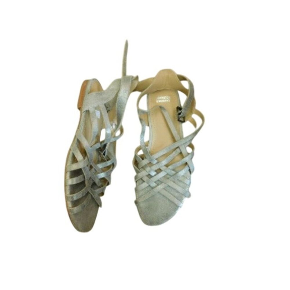 Johnston & Murphy Size 8M Silver Strappy Flat Leather Sandals